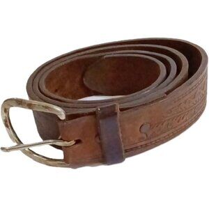 Vtge Mans Brown Leather Belt w/Etched Decorative Pattern Metal Buckle Size 38/40